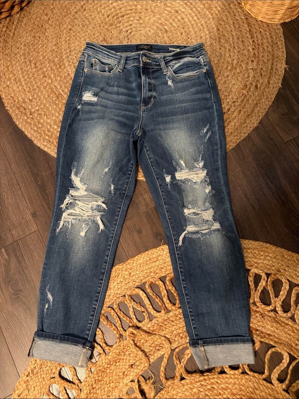 Judy Blue Mid to Dark Blue Distressed Boyfriend Jeans